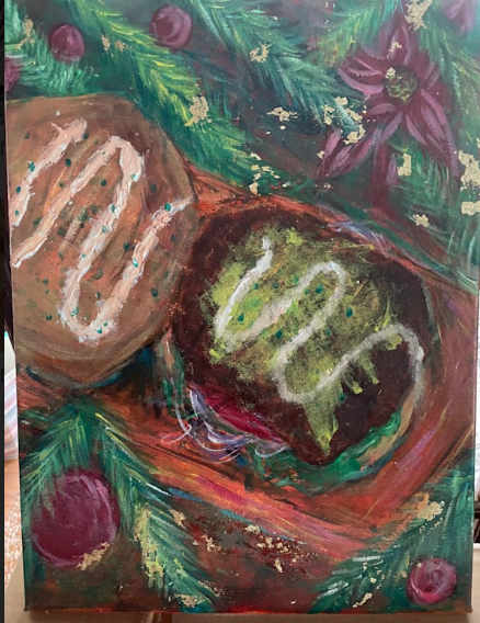 Christmas Burger. Acrylic Mixed Media. 12”x16” Canvas